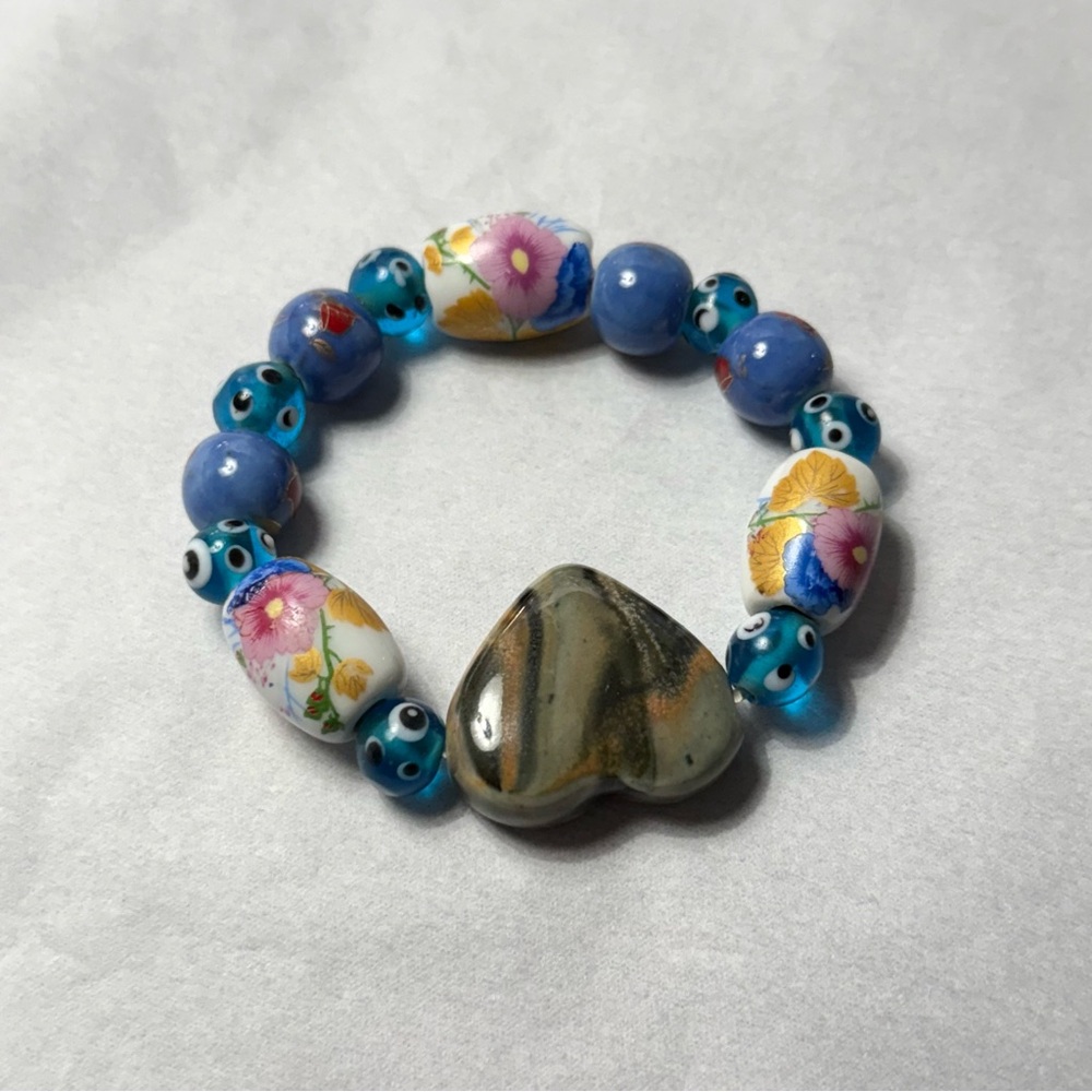 Handmade Handpainted Ceramic Beaded Stretch Bracelet w/ Chunky Stone Heart Charm